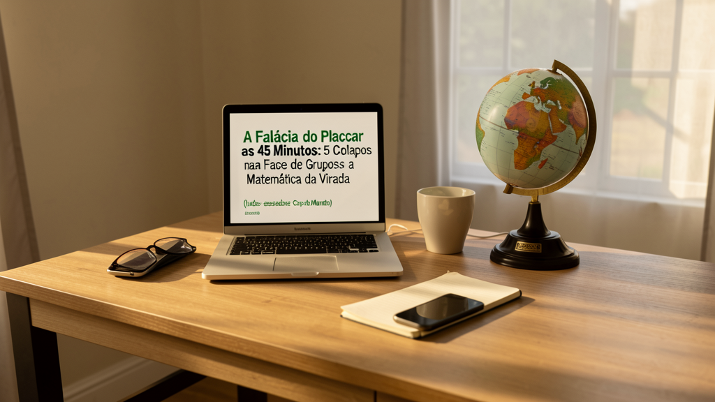 Imagem editorial ilustrando A Falácia do Placar aos 45 Minutos: 5 Colapsos na Fase de Grupos e a Matemática da Virada